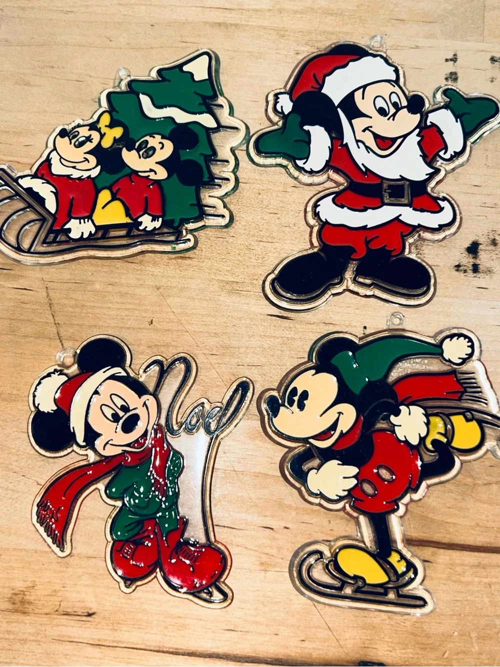 VTG Disney Acrylic Mickey & Minnie Mouse Christmas Ornament Set Of 4